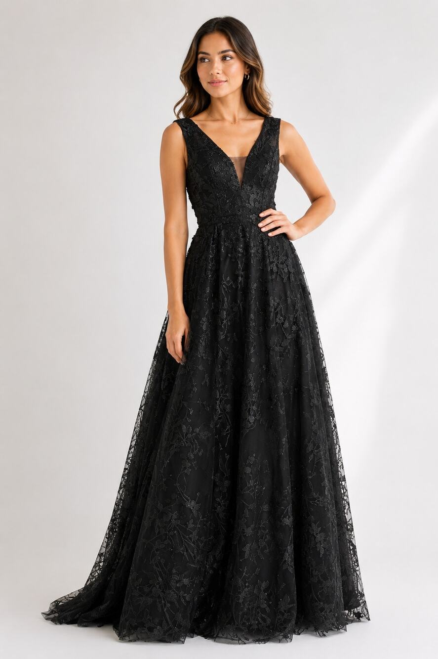 Mac Duggal Floral Embroidered Illusion Plunging V-neck A-Line Gown Dress 12 NWT